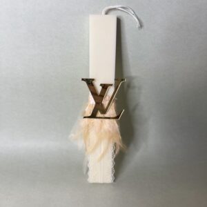 Χειροποίητη Λαμπάδα "Luxury Chic" με Plexiglass LV, Φτερά & Δαντέλα